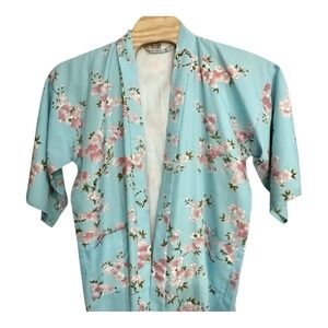 Vtg Japanese Asian Kimono Style Yukata Robe Duster Cherry‎ Blossom Bird No Belt